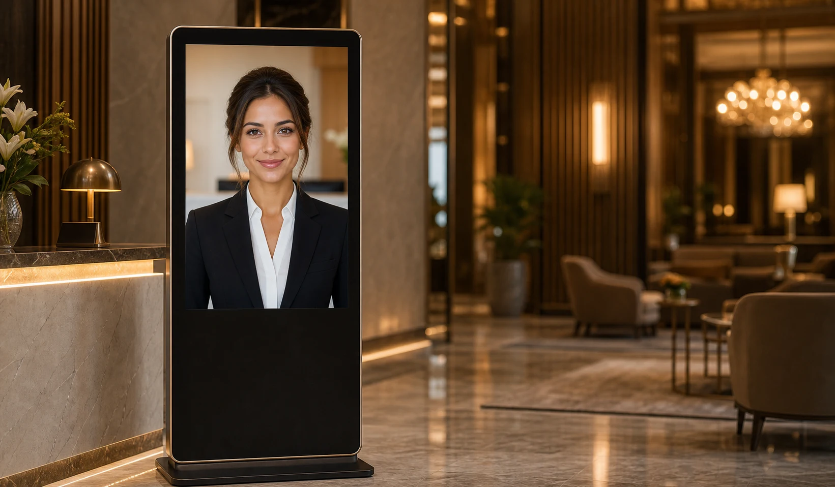 Ospite che interagisce con una presenza digitale in hotel