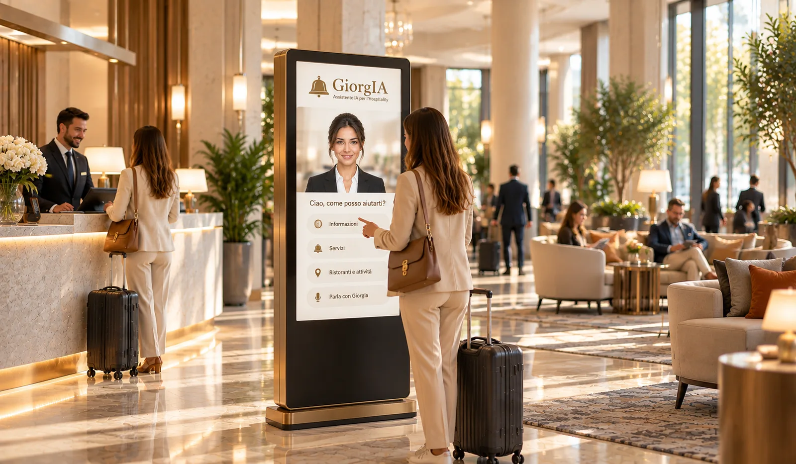 Ospite che interagisce con una presenza digitale in hotel