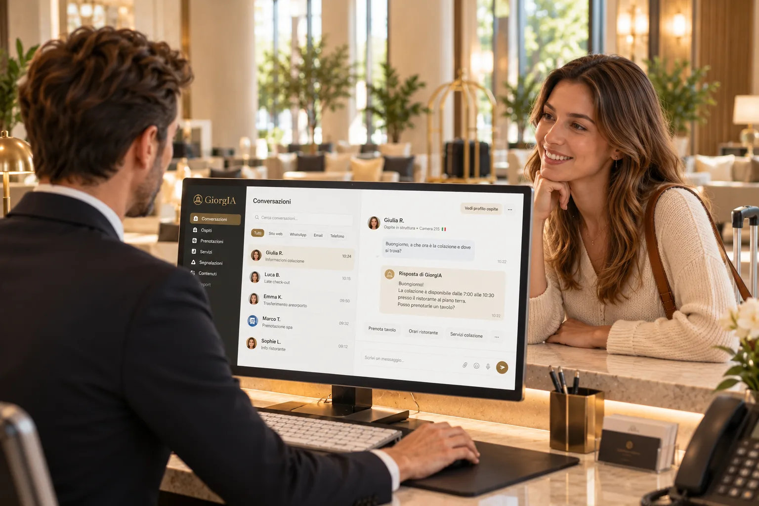 Operatore di reception che gestisce le conversazioni Giorgia su monitor mentre un’ospite attende al banco