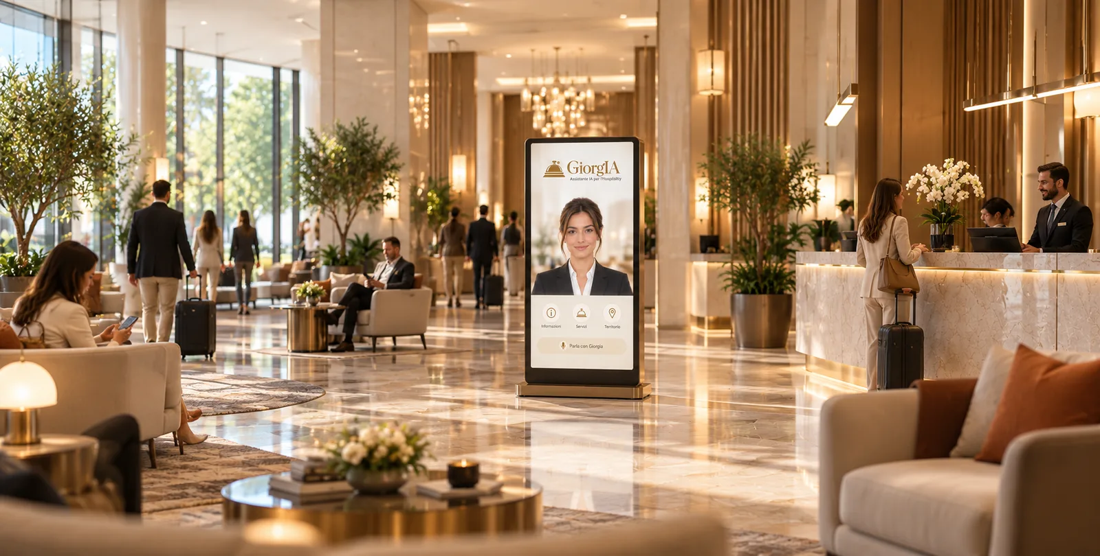 Totem Giorgia nella hall di un hotel premium, accanto al banco reception
