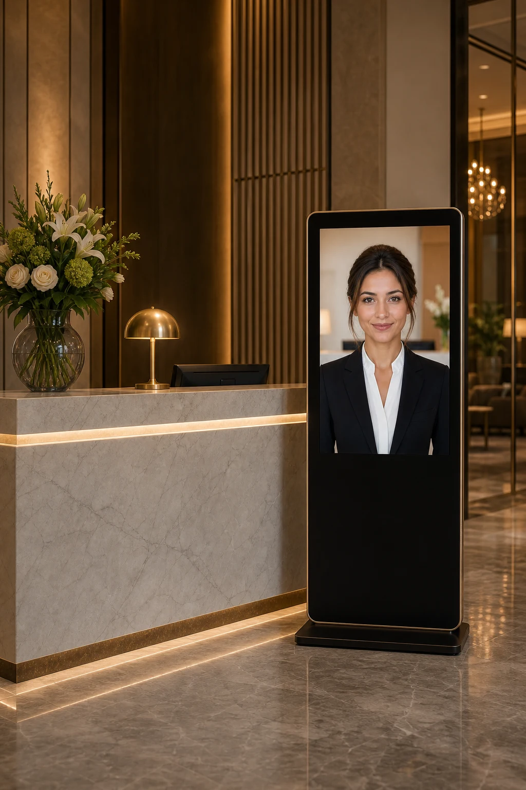 Totem Giorgia in una reception di hotel premium con figura femminile digitale